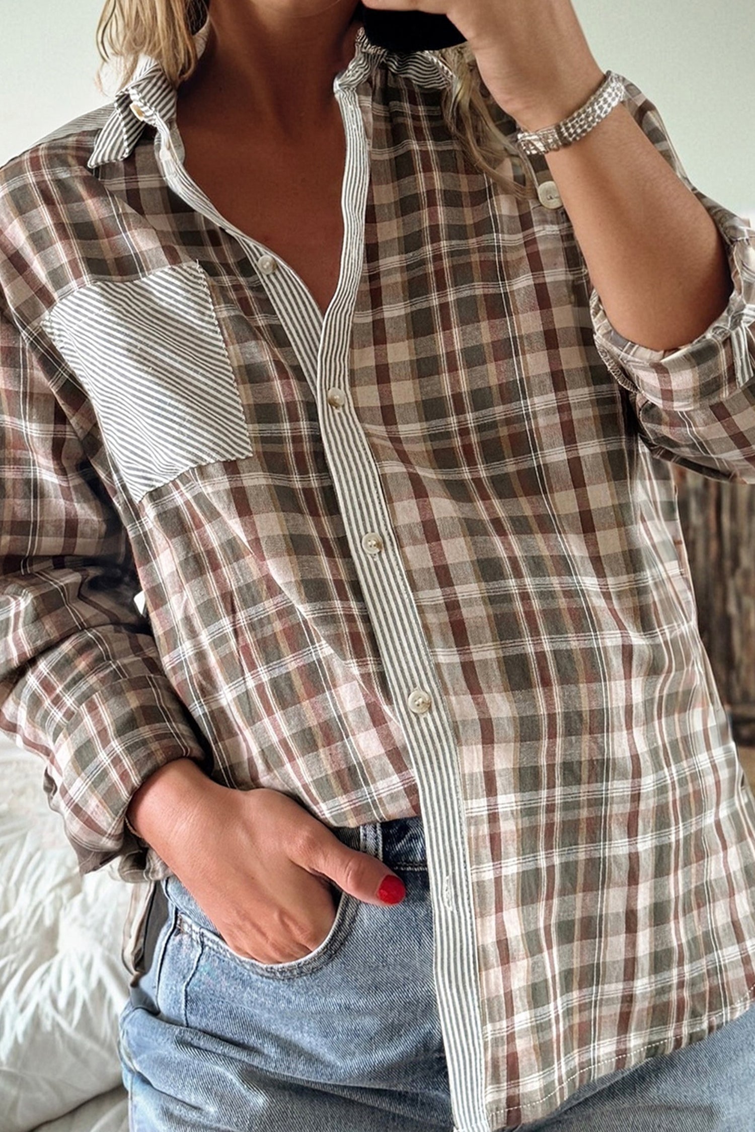 Brown Plaid Print Striped Patchwork Single Chest Pocket Buttoned Shirt-Tops/Blouses & Shirts-[Adult]-[Female]-2022 Online Blue Zone Planet