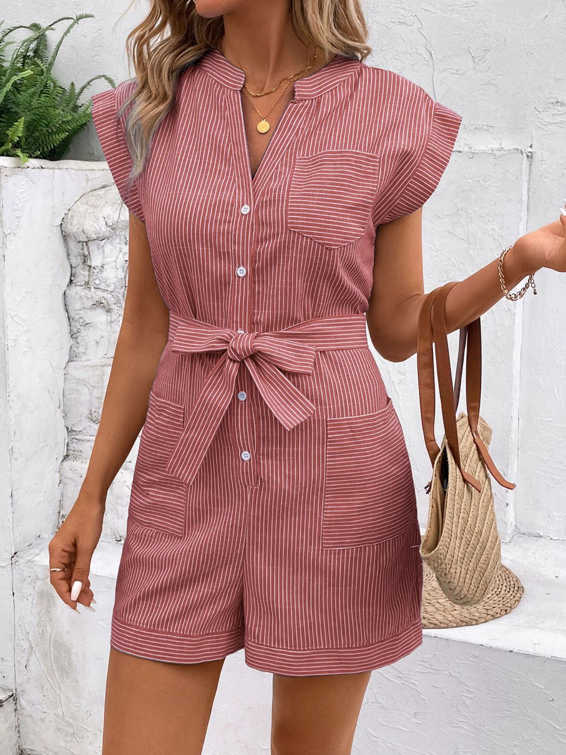 Perfee Striped Notched Tie Waist Romper-TOPS / DRESSES-[Adult]-[Female]-2022 Online Blue Zone Planet