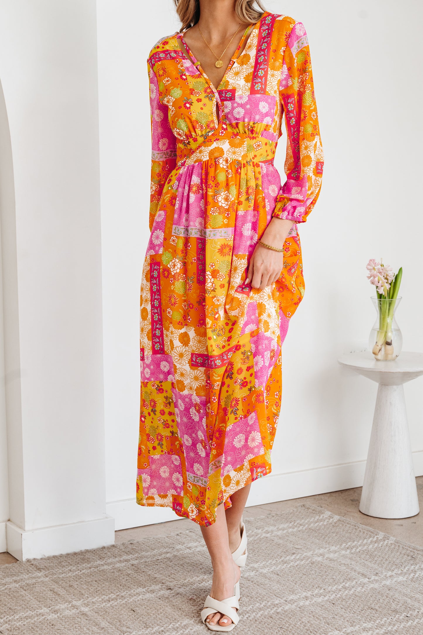 Orange Floral Patchwork Print Cut out Tied Back Bracelet Sleeve Maxi Dress-Bracelet-[Adult]-[Female]-2022 Online Blue Zone Planet