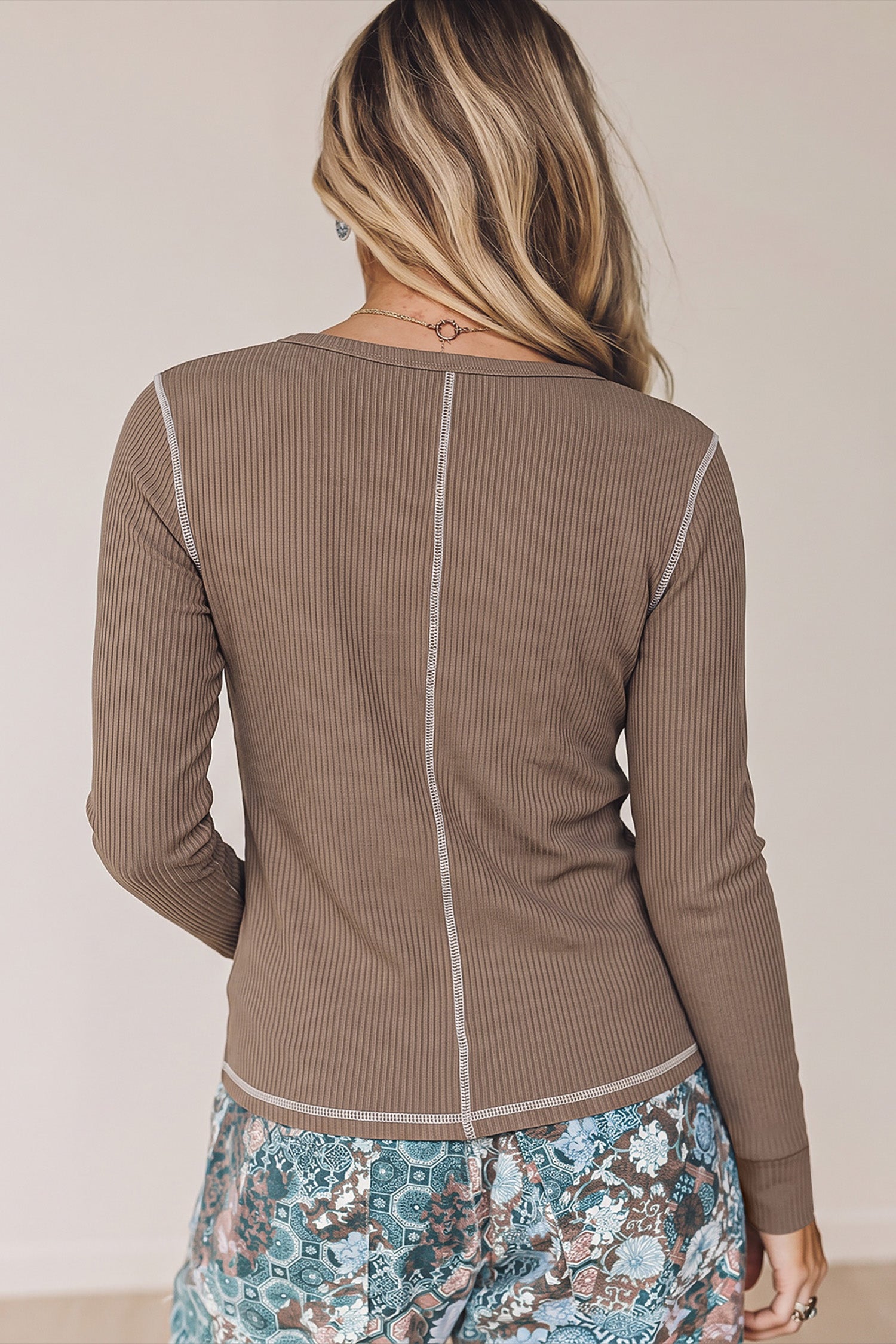 Dark Khaki V Neck Ribbed Stitched Detail Long Sleeve Top-Tops/Long Sleeve Tops-[Adult]-[Female]-2022 Online Blue Zone Planet