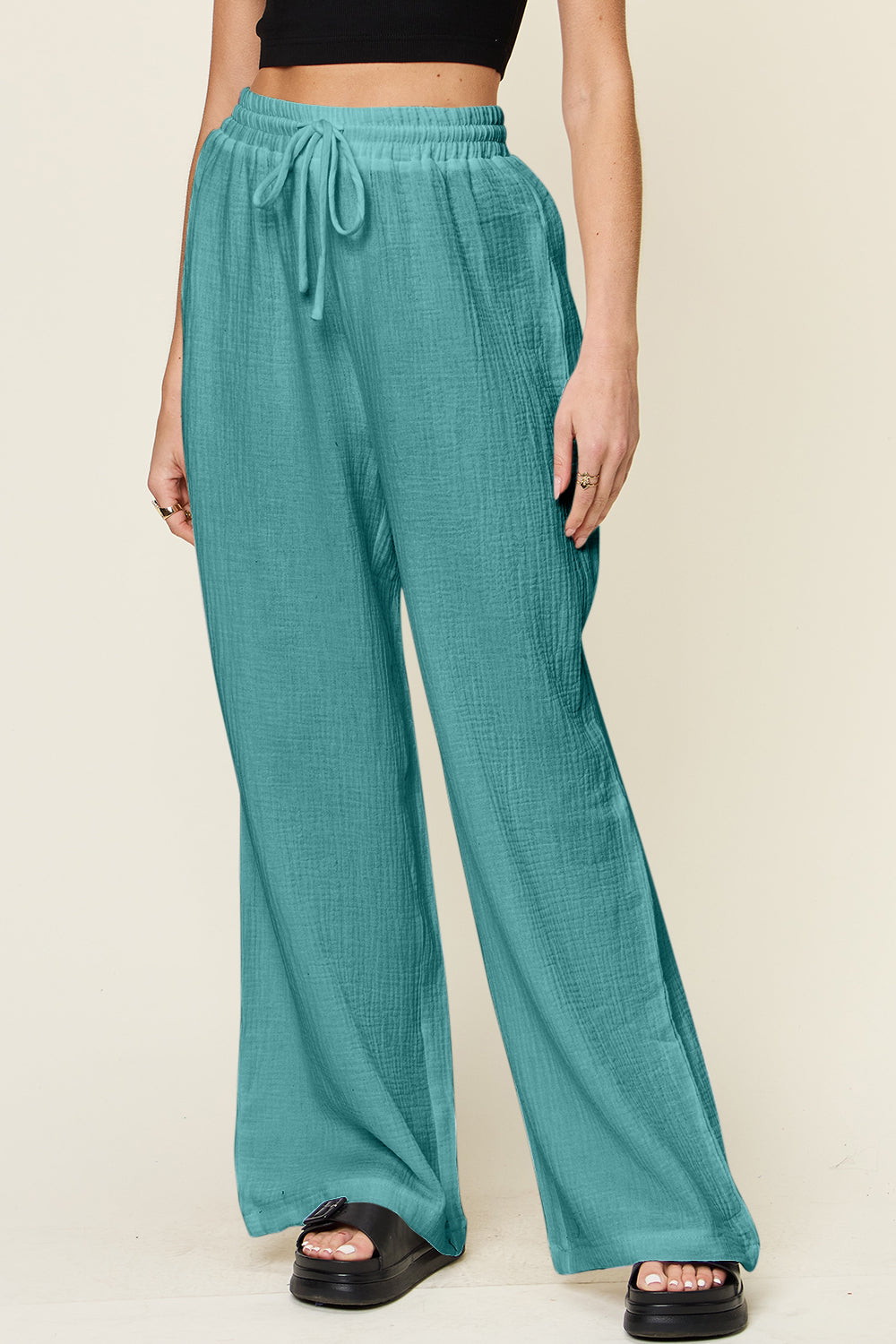 Double Take Full Size Texture Drawstring Wide Leg Pants-BOTTOMS SIZES SMALL MEDIUM LARGE-[Adult]-[Female]-Cerulean-S-2022 Online Blue Zone Planet