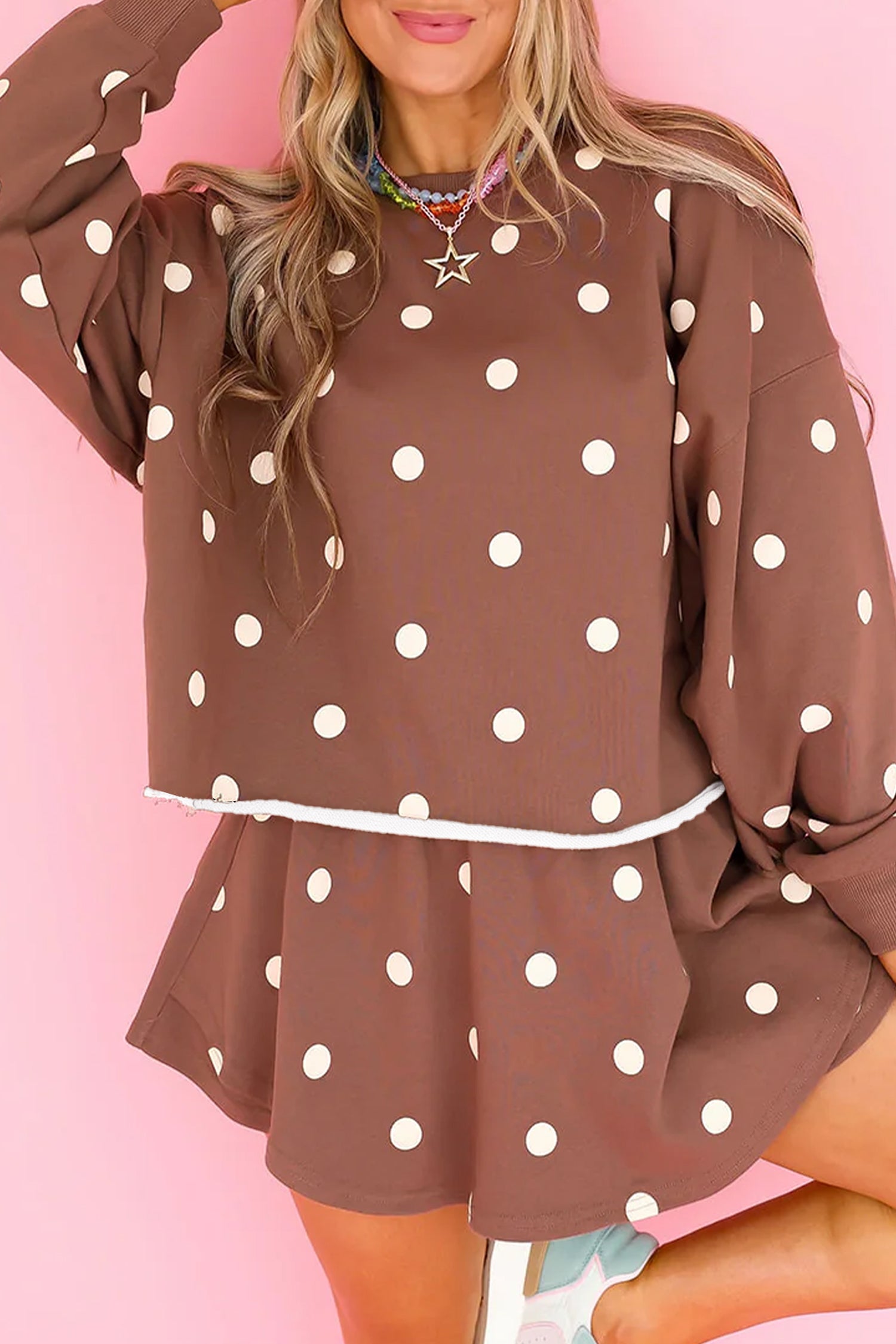 Brown Polka Dot Raw Hem Relaxed Pullover Loose Skort Two Piece Set-Two Piece Sets/Short Sets-[Adult]-[Female]-2022 Online Blue Zone Planet