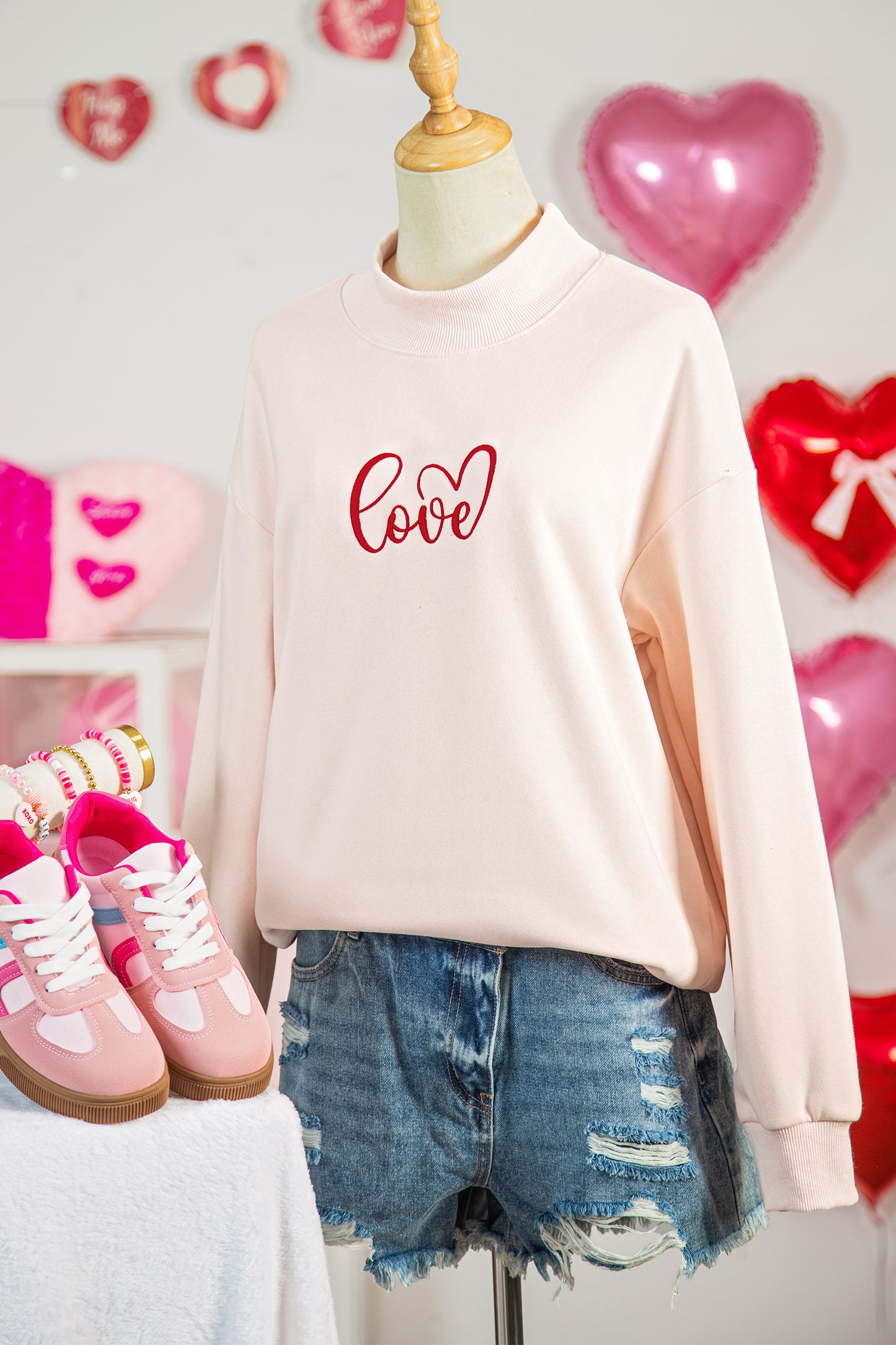 Apricot Pink Mock Neck Love Letter Embroidered Valentines Day Sweatshirt-Graphic Sweatshirts-[Adult]-[Female]-2022 Online Blue Zone Planet