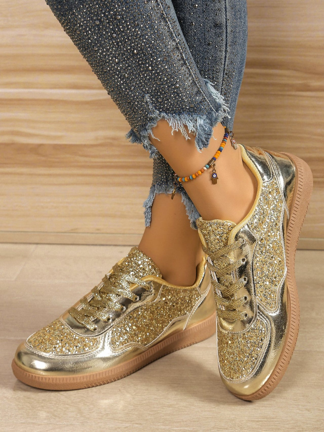 Sequin PU Leather Flat Sneakers-SHOES-[Adult]-[Female]-Gold-36(US5)-2022 Online Blue Zone Planet