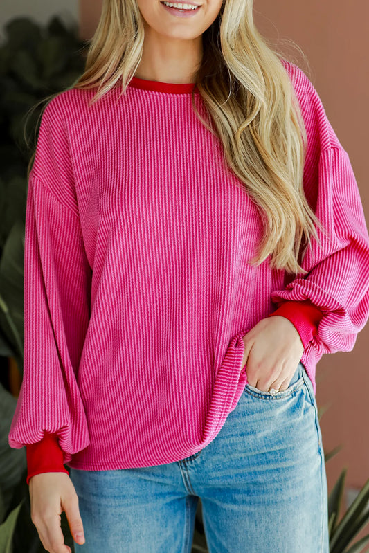 Bright Pink Corded Contrast Edge Drop Shoulder Long Sleeve Top-Tops/Long Sleeve Tops-[Adult]-[Female]-Bright Pink-S-2022 Online Blue Zone Planet