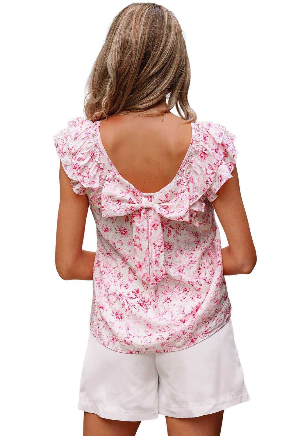 Pink Floral Ruffled Short Sleeve Bow Back Square Neck Blouse-Tops/Blouses & Shirts-[Adult]-[Female]-2022 Online Blue Zone Planet