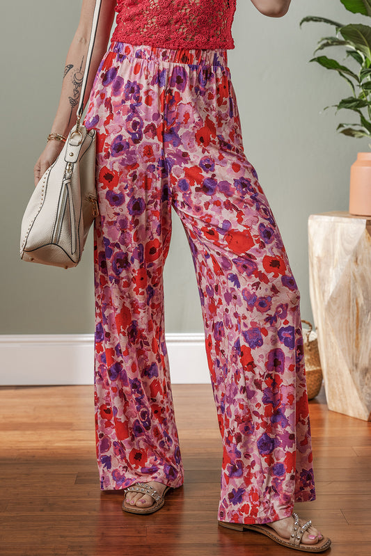 Purple Floral Wide Leg Elastic High Waist Pants-Bottoms/Pants & Culotte-[Adult]-[Female]-Purple-S-2022 Online Blue Zone Planet