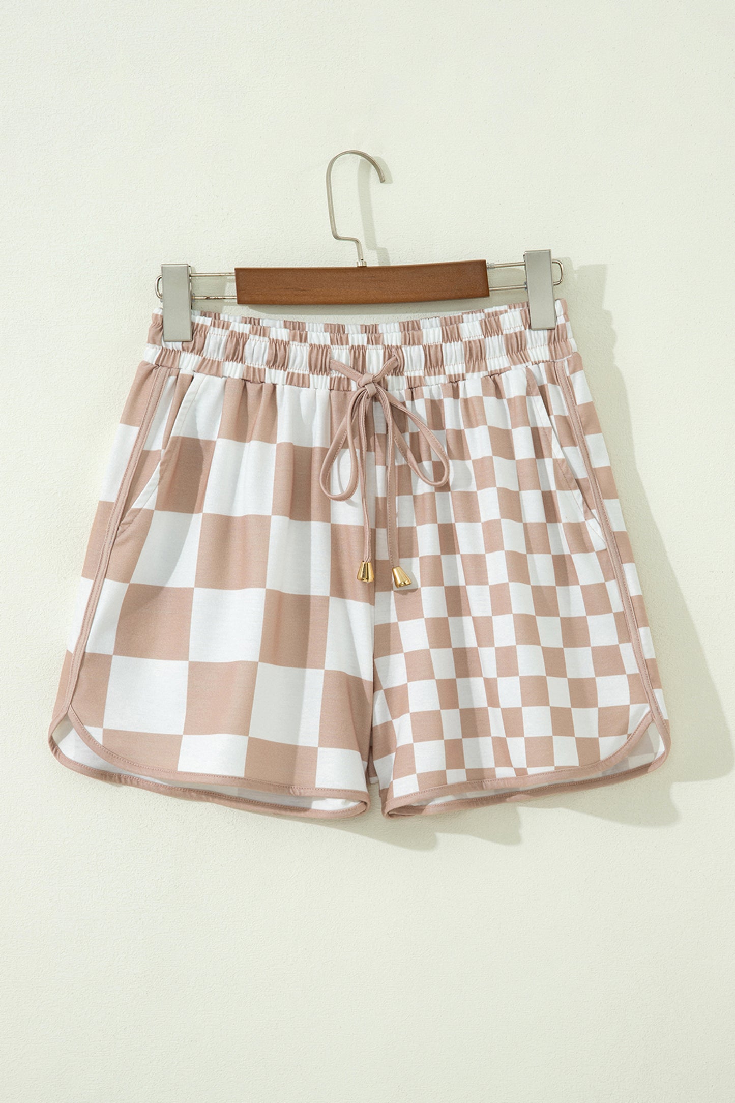Khaki Double Checkered Print Beaded Drawstring Casual Shorts-Bottoms/Casual Shorts-[Adult]-[Female]-2022 Online Blue Zone Planet