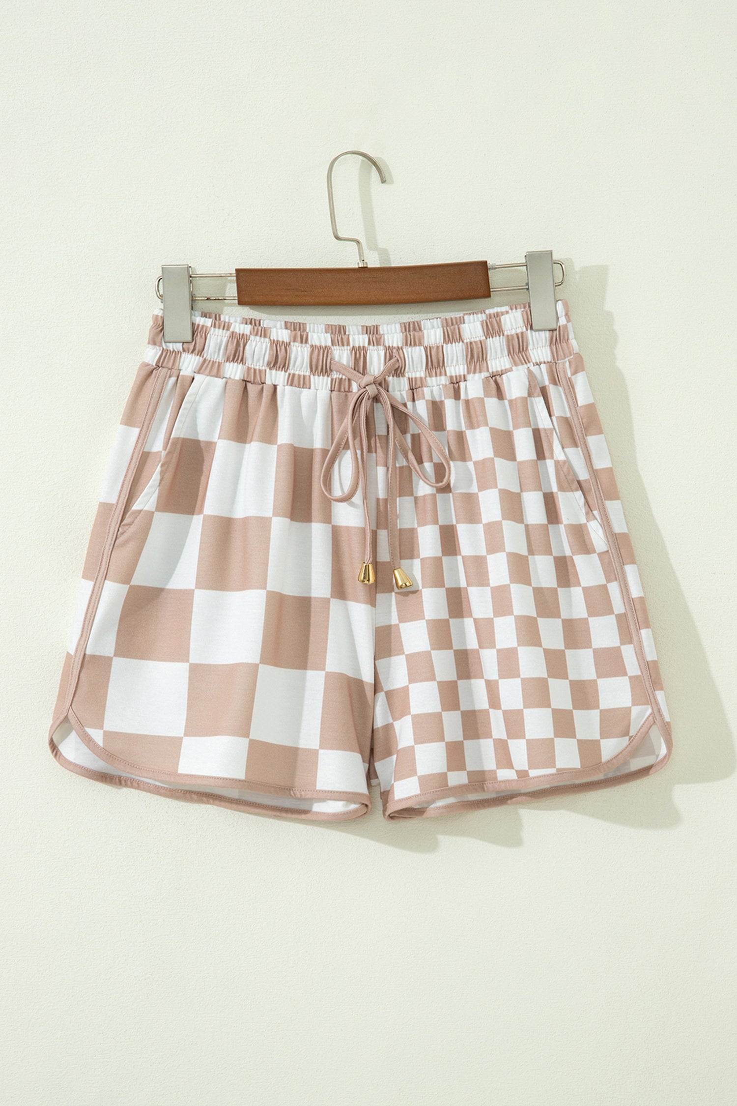 Khaki Double Checkered Print Beaded Drawstring Casual Shorts-Bottoms/Casual Shorts-[Adult]-[Female]-2022 Online Blue Zone Planet