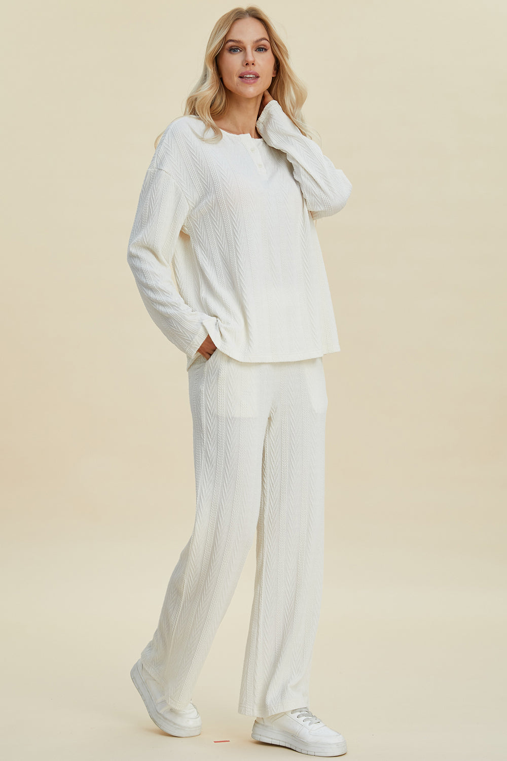 Double Take Full Size Cable-Knit Long Sleeve Top and Pants Set-TOPS / DRESSES-[Adult]-[Female]-2022 Online Blue Zone Planet