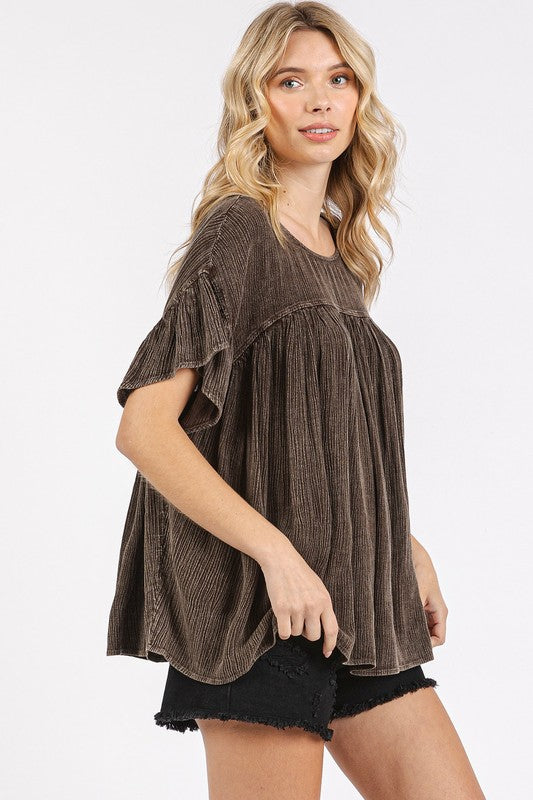 Mittoshop Mineral Washed Round Neck Ruffle Sleeve Blouse-TOPS / DRESSES-[Adult]-[Female]-2022 Online Blue Zone Planet