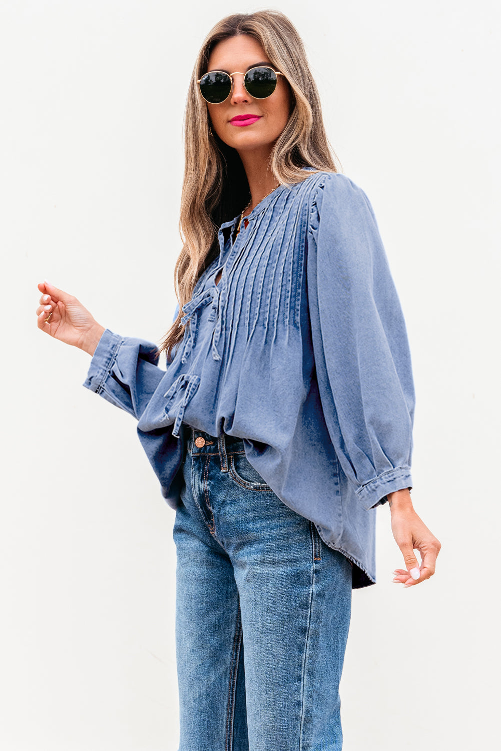 Blue Zone Planet | Myosotis Denim Front Pintuck Bow Tie Puff Sleeve Top-Tops/Blouses & Shirts-[Adult]-[Female]-2022 Online Blue Zone Planet