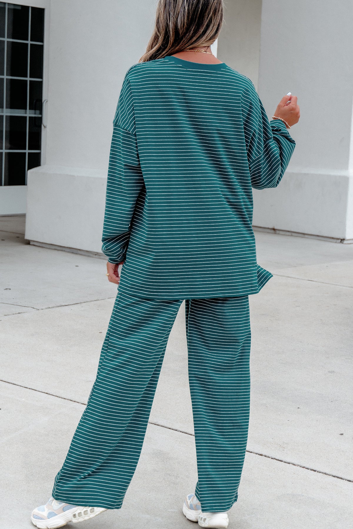 Black Stripe Dropped Shoulder Long Sleeve Top Elastic Waist Pants Casual 2pcs Set-Two Piece Sets/Pant Sets-[Adult]-[Female]-2022 Online Blue Zone Planet