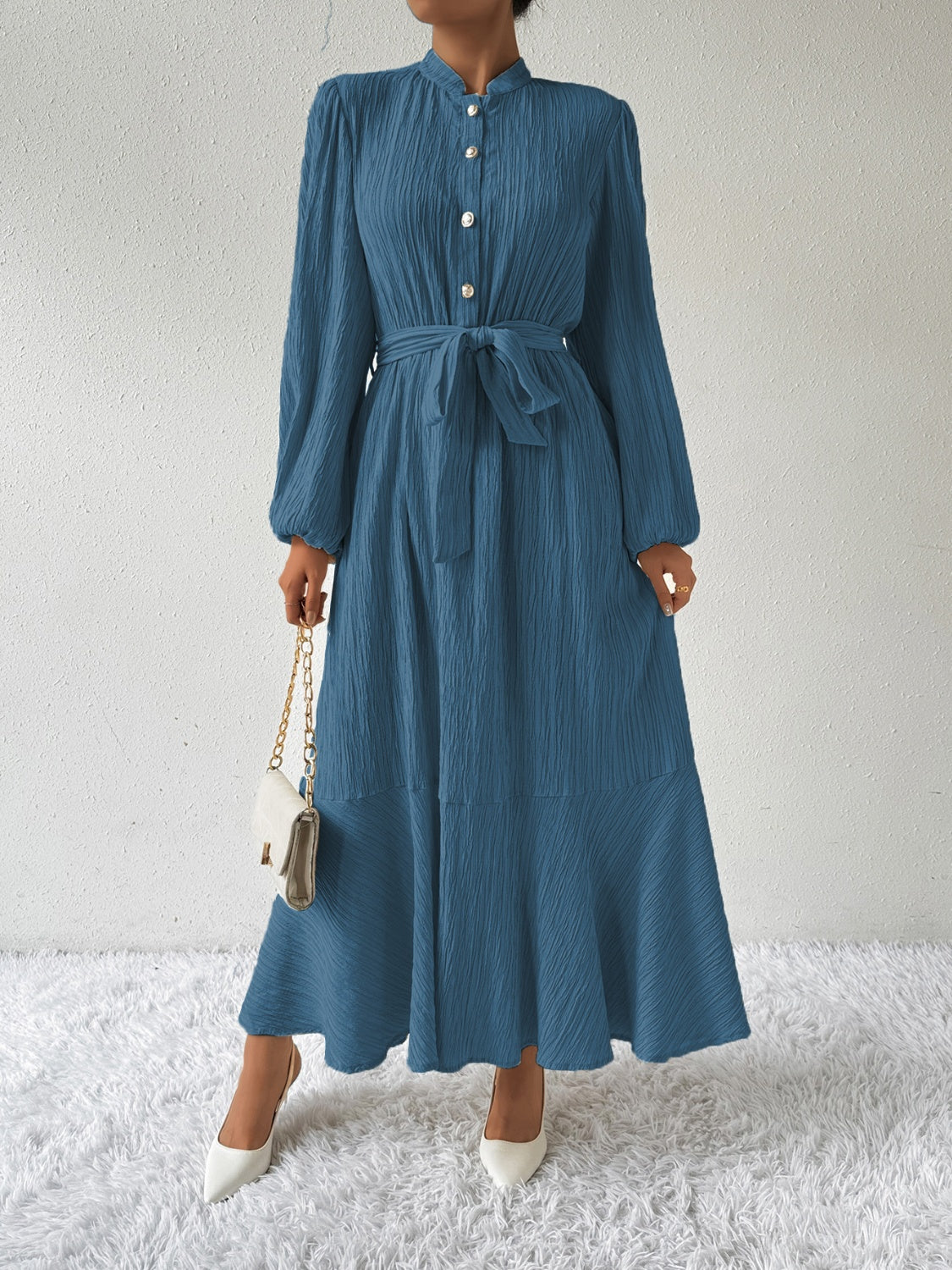 Tie Waist Long Sleeve Dress-TOPS / DRESSES-[Adult]-[Female]-2022 Online Blue Zone Planet