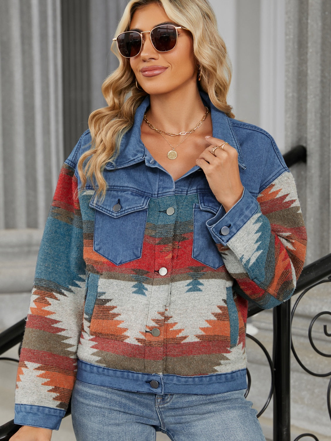 Geometric Button Up Long Sleeve Denim Jacket-TOPS / DRESSES-[Adult]-[Female]-2022 Online Blue Zone Planet