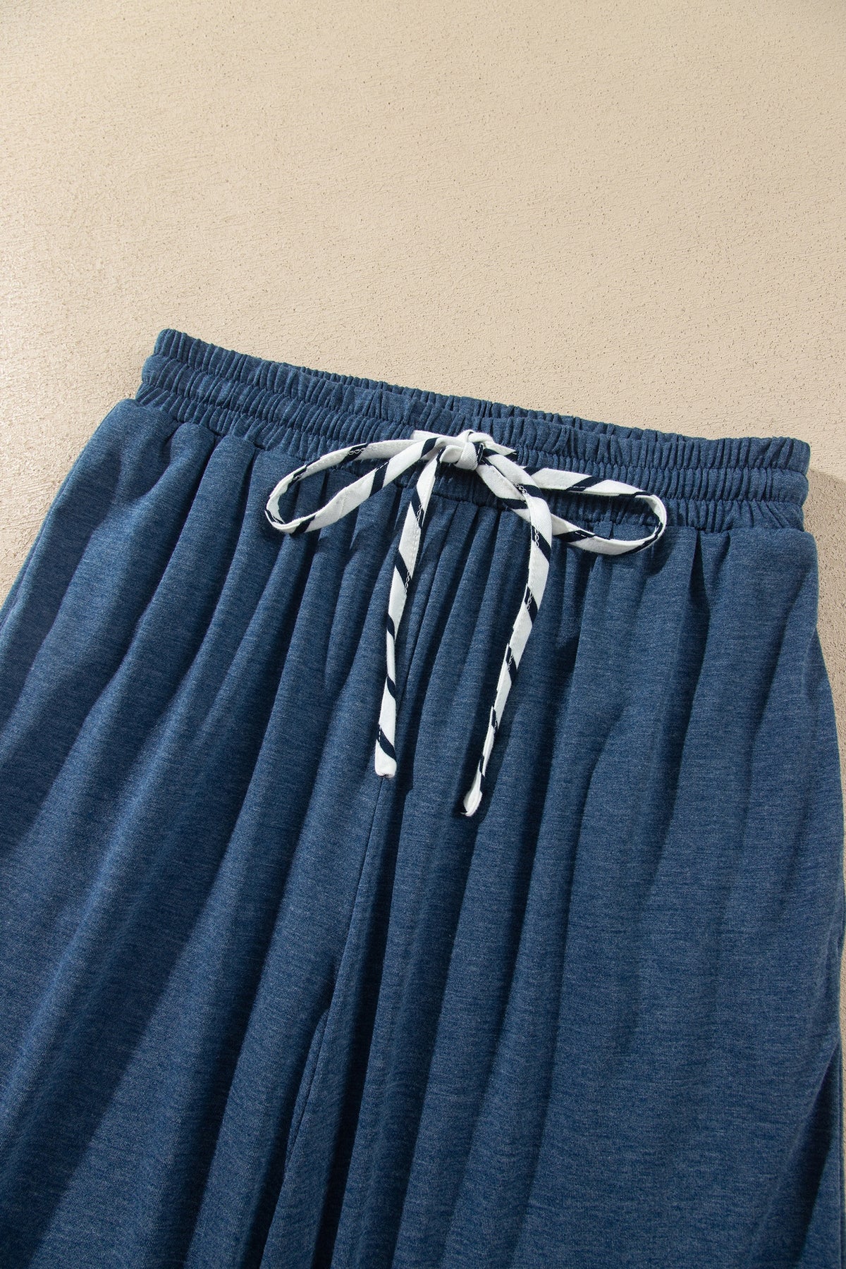 Blue Stripe V Neck Ruffle Contrast Sleeve Top Drawstring Pants 2pcs Set-Two Piece Sets/Pant Sets-[Adult]-[Female]-2022 Online Blue Zone Planet