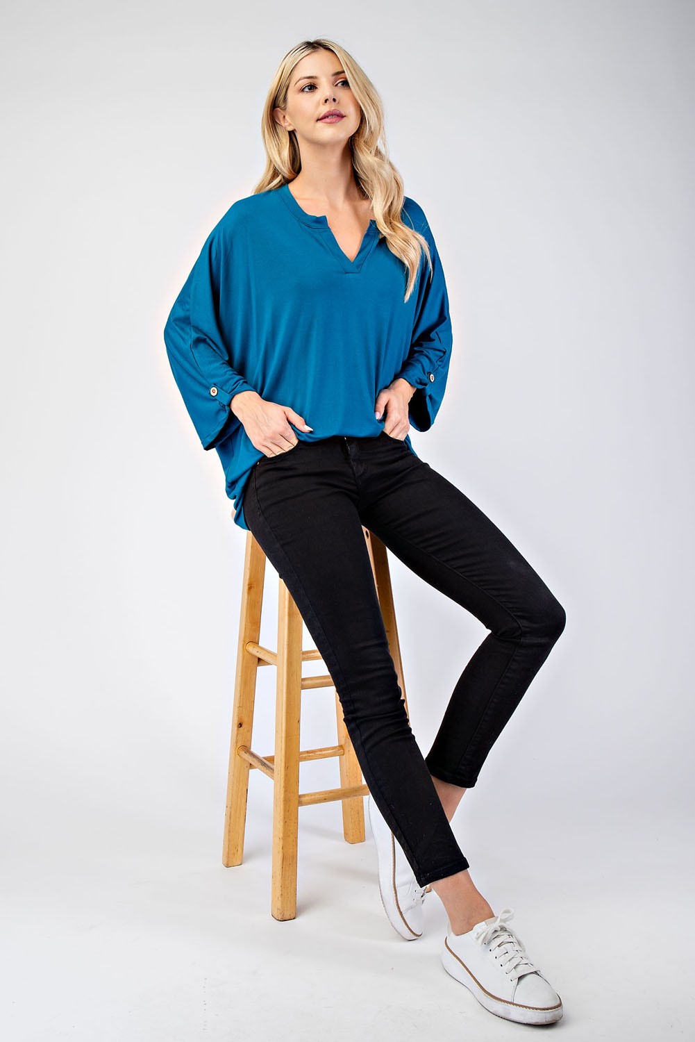 Celeste Full Size Notched Three-Quarter Sleeve Blouse-TOPS / DRESSES-[Adult]-[Female]-2022 Online Blue Zone Planet