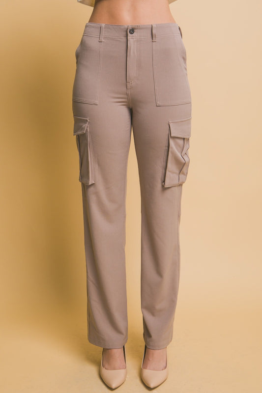 Blue Zone Planet | Love Tree High Rise Cargo Pants with Pockets-BOTTOMS SIZES SMALL MEDIUM LARGE-[Adult]-[Female]-Taupe-S-2022 Online Blue Zone Planet