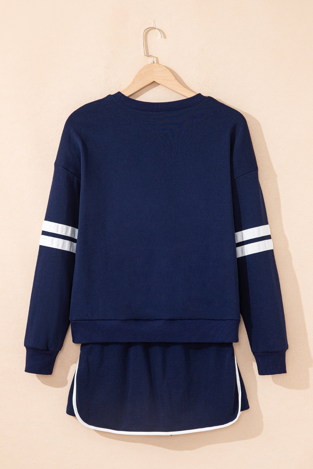 Navy Blue Varsity Stripe Detail Drop Shoulder Pullover Mini Skirt Set-Two Piece Sets/Two Piece Dresses-[Adult]-[Female]-2022 Online Blue Zone Planet