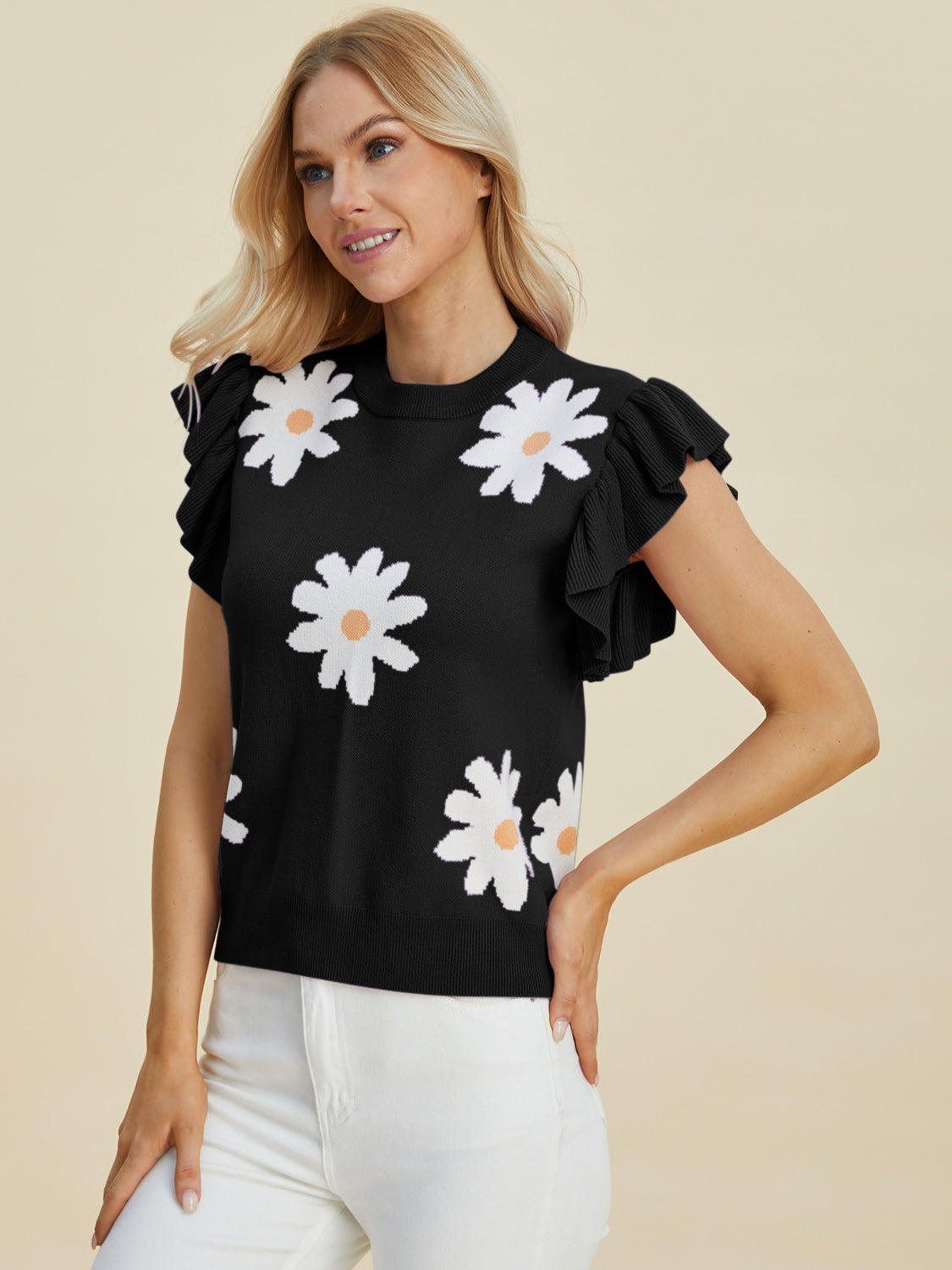 Double Take Full Size Ruffled Flower Round Neck Cap Sleeve Sweater-TOPS / DRESSES-[Adult]-[Female]-2022 Online Blue Zone Planet