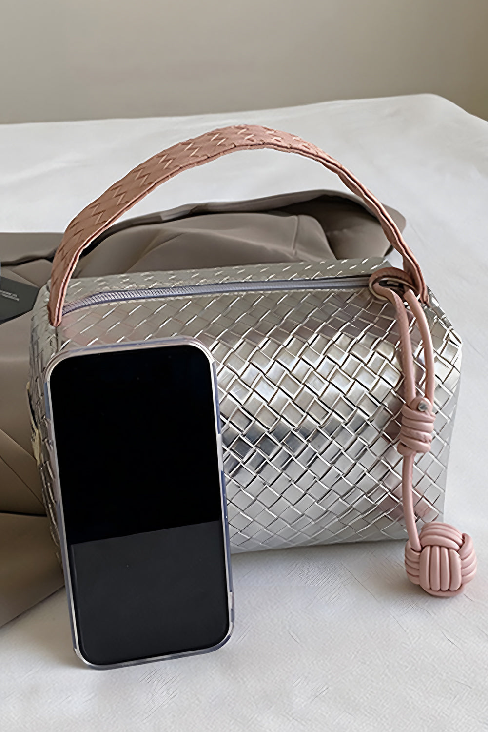 Silvery Lattice Texture Corded Ball Decor Weaven Handle Cosmetic Bag-Bags-[Adult]-[Female]-Silvery-ONE SIZE-2022 Online Blue Zone Planet