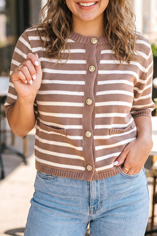 Khaki Stripe Button Down Short Sleeve Knit Plus Size Cardigan-Plus Size/Plus Size Sweaters & Cardigans-[Adult]-[Female]-Khaki Stripe-1X-2022 Online Blue Zone Planet