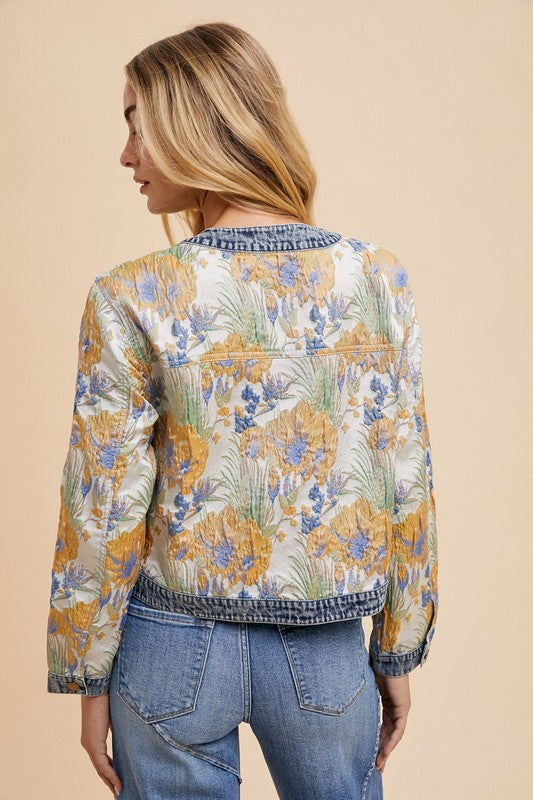 Annie Wear Floral Jacquard Denim Contrast Button Down Jacket-TOPS / DRESSES-[Adult]-[Female]-2022 Online Blue Zone Planet