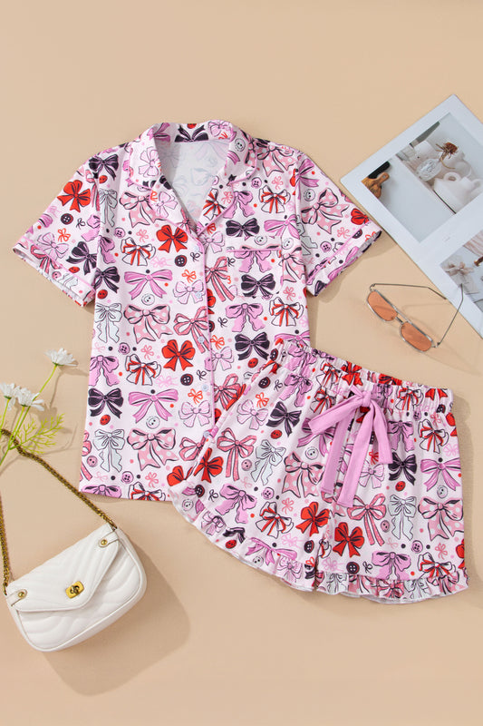 Pink Cute Ribbon Bows Printed Shirt Style 2pcs Short Pajama Set-Loungewear & Sleepwear/Loungewear-[Adult]-[Female]-2022 Online Blue Zone Planet