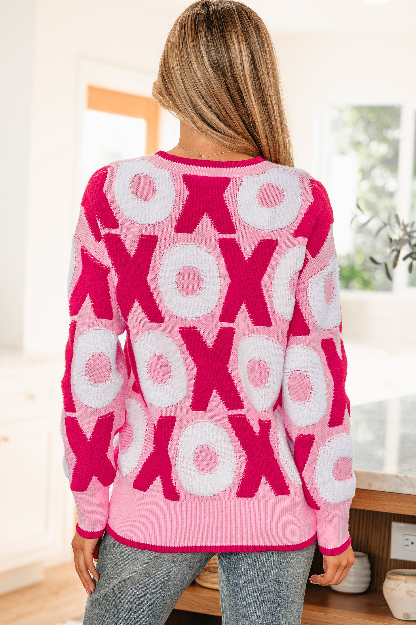 Pink XOXO Pattern Drop Shoulder Crewneck Valentines Sweater-Sweaters & Cardigans/Sweaters-[Adult]-[Female]-2022 Online Blue Zone Planet
