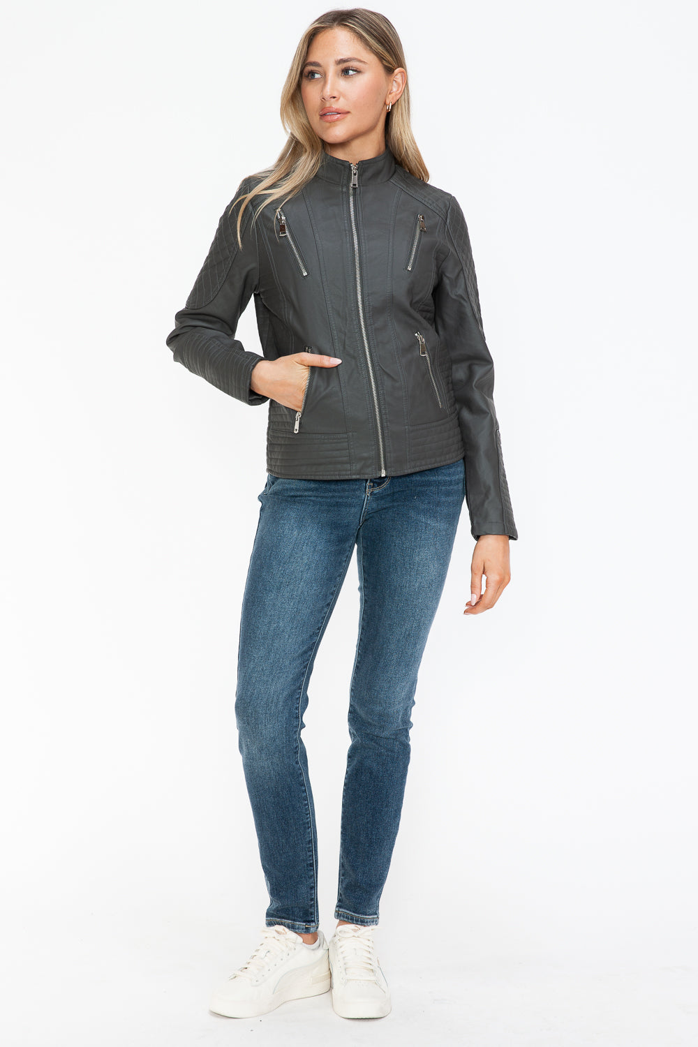 Blue Zone Planet | Snobbish Faux Leather Zip Up Mock Neck Jacket-TOPS / DRESSES-[Adult]-[Female]-2022 Online Blue Zone Planet