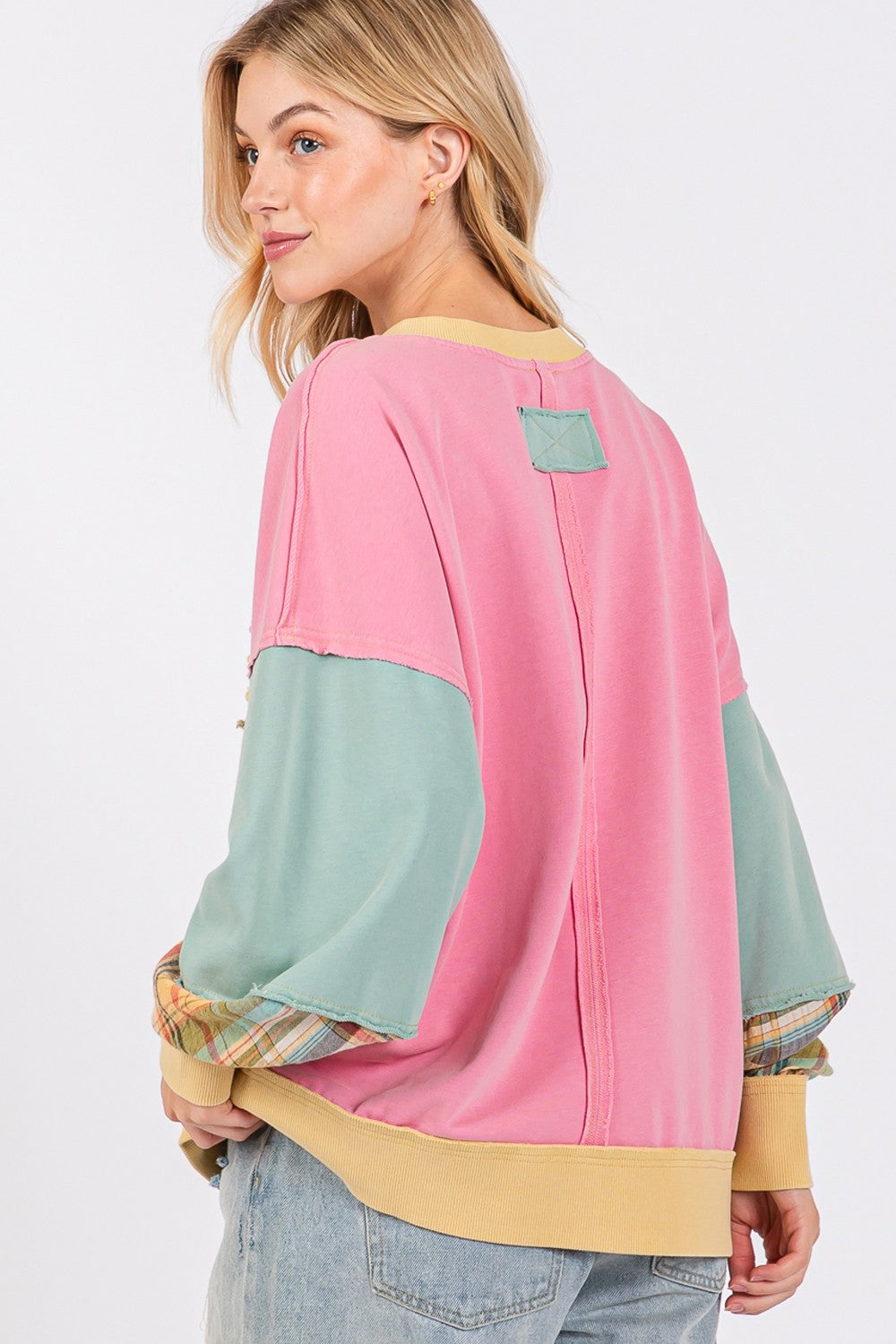 Blue Zone Planet | SAGE + FIG Mineral Wash Raw Edge Color Block Sweatshirt-TOPS / DRESSES-[Adult]-[Female]-2022 Online Blue Zone Planet