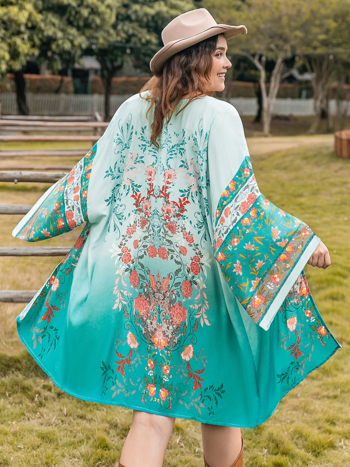 Blue Zone Planet | Plus Size Printed Open Front Long Sleeve Cover Up-TOPS / DRESSES-[Adult]-[Female]-Turquoise-1XL-2022 Online Blue Zone Planet