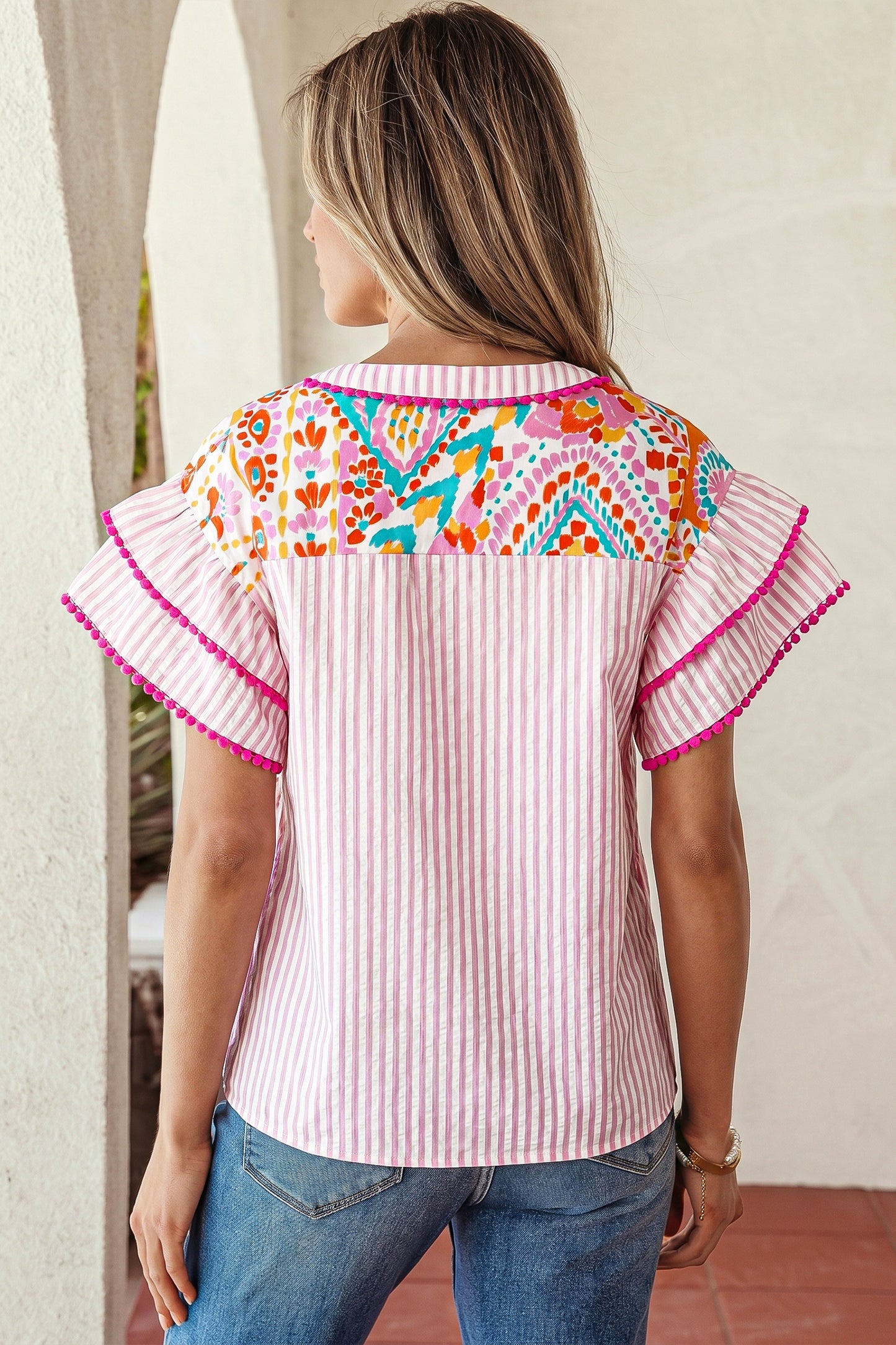 Rose Boho Mixed Print Contrast Trim Striped Patchwork Tiered Short Sleeve Blouse-Tops/Blouses & Shirts-[Adult]-[Female]-2022 Online Blue Zone Planet