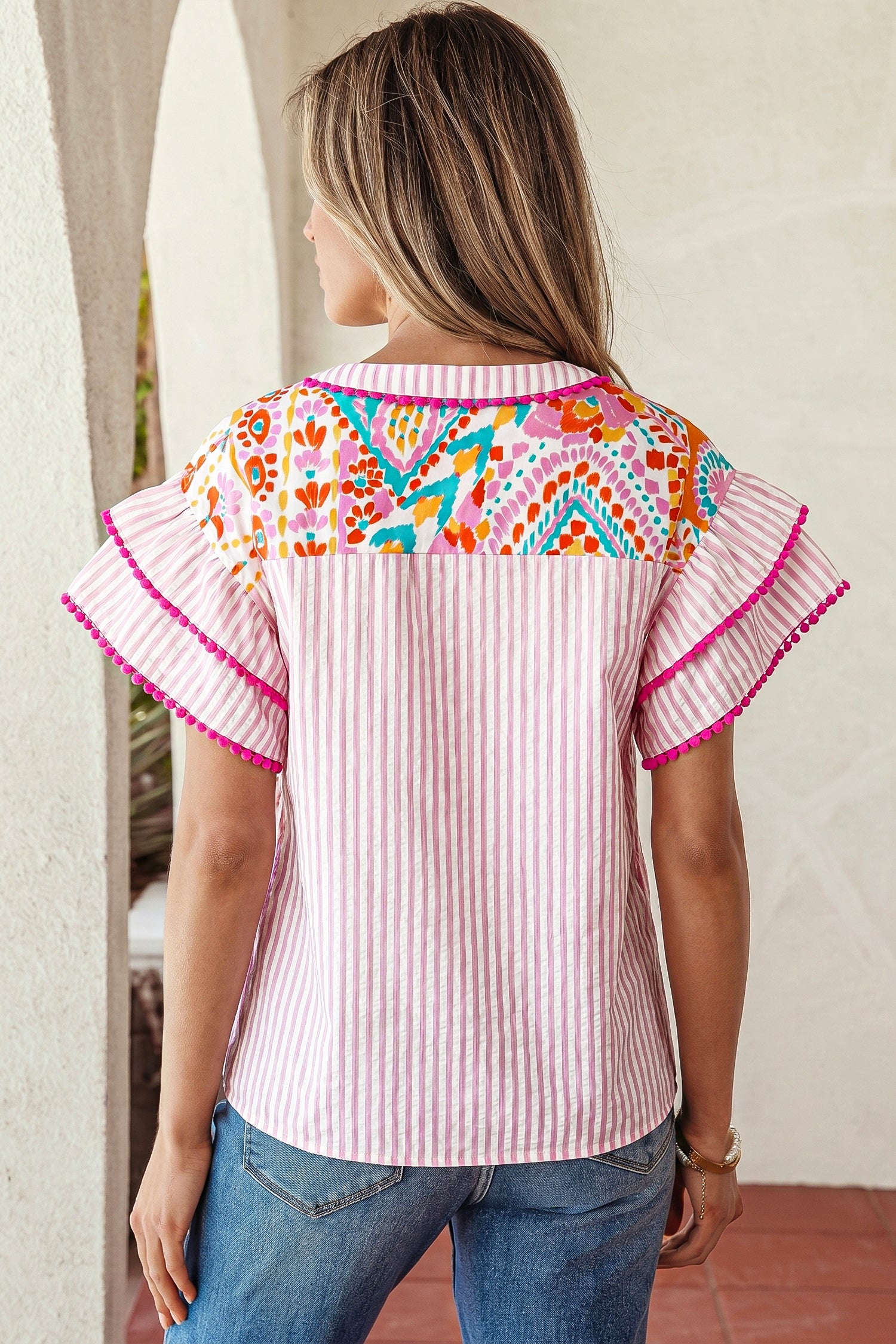 Rose Boho Mixed Print Contrast Trim Striped Patchwork Tiered Short Sleeve Blouse-Tops/Blouses & Shirts-[Adult]-[Female]-2022 Online Blue Zone Planet