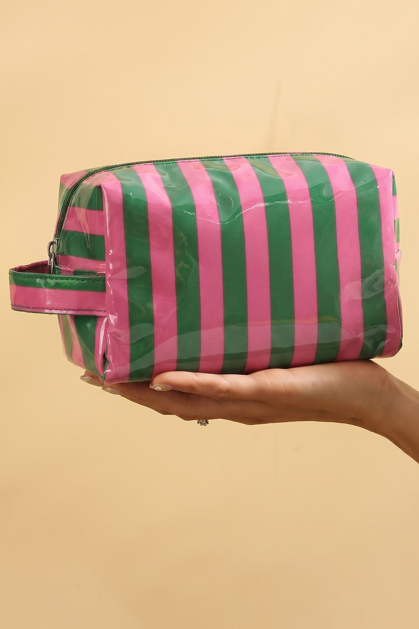 Light Pink PVC Striped Cosmetic Bag Durable Zipper Handle Travel Organizer