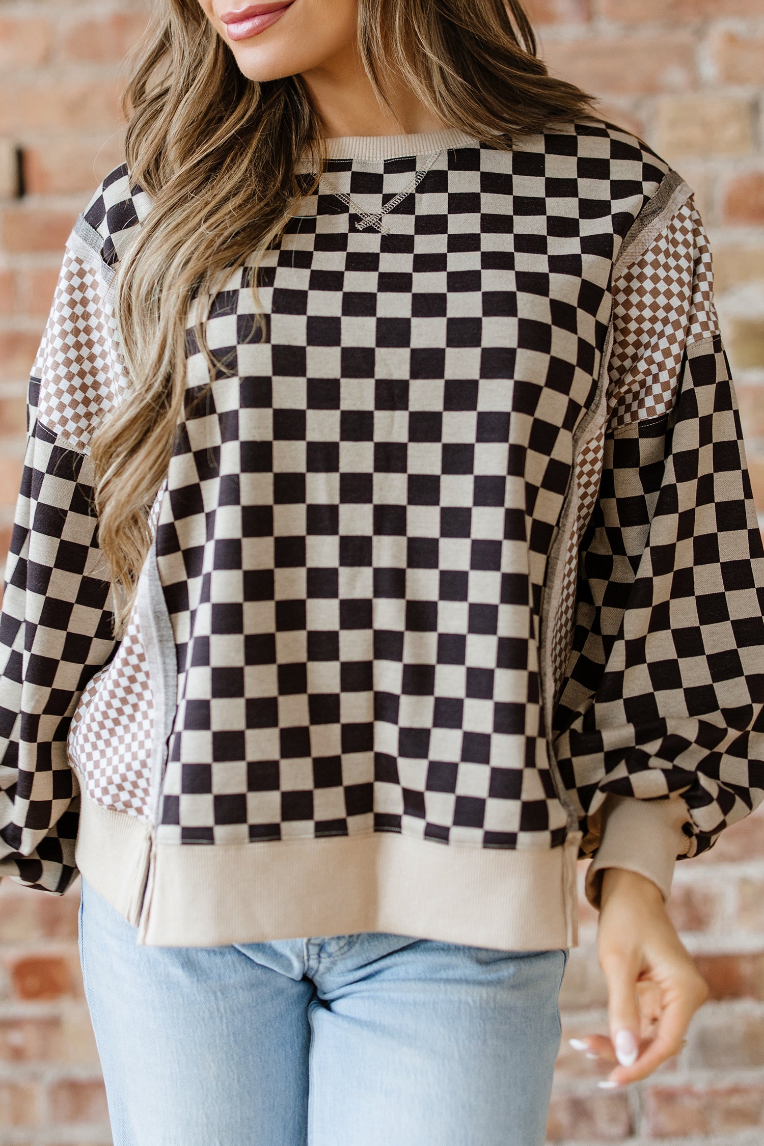 Khaki Mixed Checkered Pattern Patchwork High Low Casual Top-Tops/Long Sleeve Tops-[Adult]-[Female]-2022 Online Blue Zone Planet