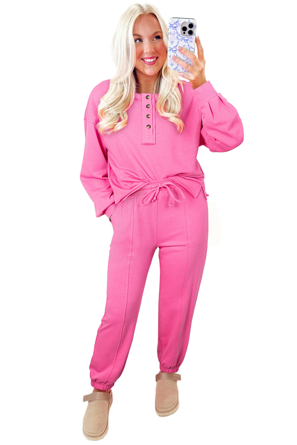 Bright Pink Raw Edge Half Buttons Pullover and Jogger Pants Set-Two Piece Sets/Pant Sets-[Adult]-[Female]-2022 Online Blue Zone Planet