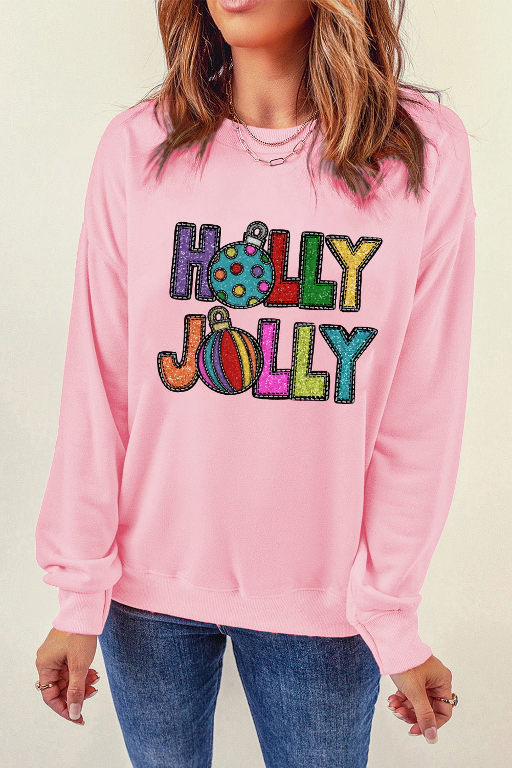 Pink HOLLY JOLLY Christmas Festive Letter Graphic Sweatshirt-Graphic Sweatshirts-[Adult]-[Female]-2022 Online Blue Zone Planet