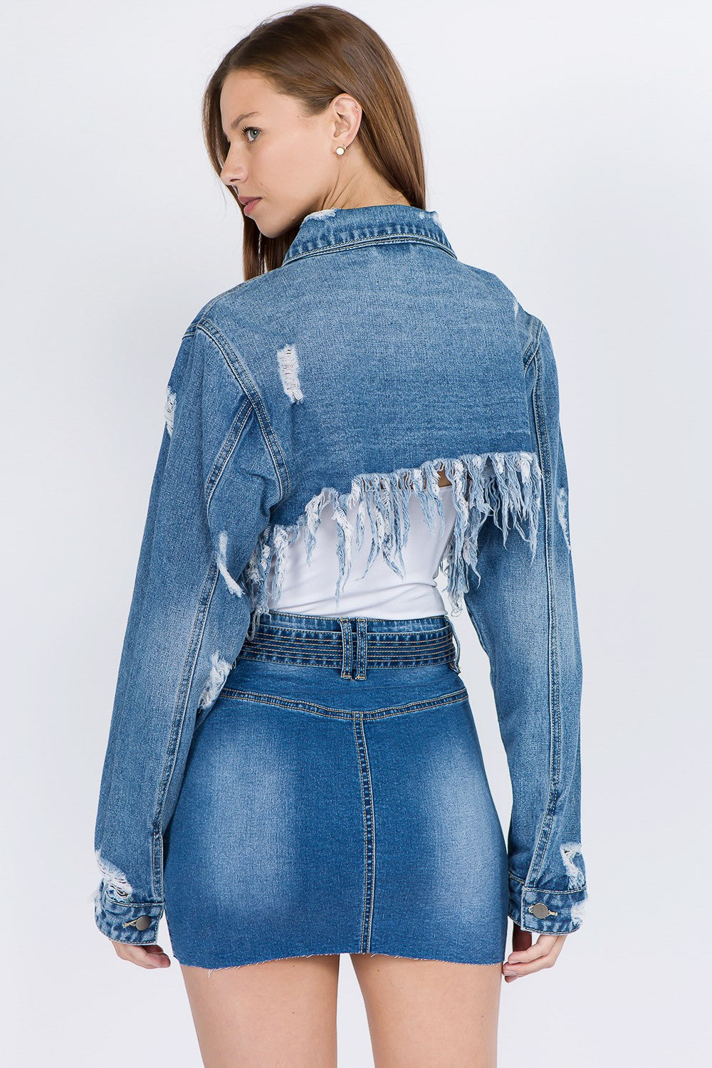 American Bazi Distressed Denim Jacket with Frayed Hem-TOPS / DRESSES-[Adult]-[Female]-2022 Online Blue Zone Planet