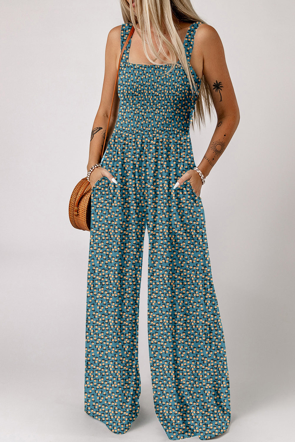 Green Floral Print Smocked High Waist Square Neck Jumpsuit-Bottoms/Jumpsuits & Rompers-[Adult]-[Female]-Green-S-2022 Online Blue Zone Planet