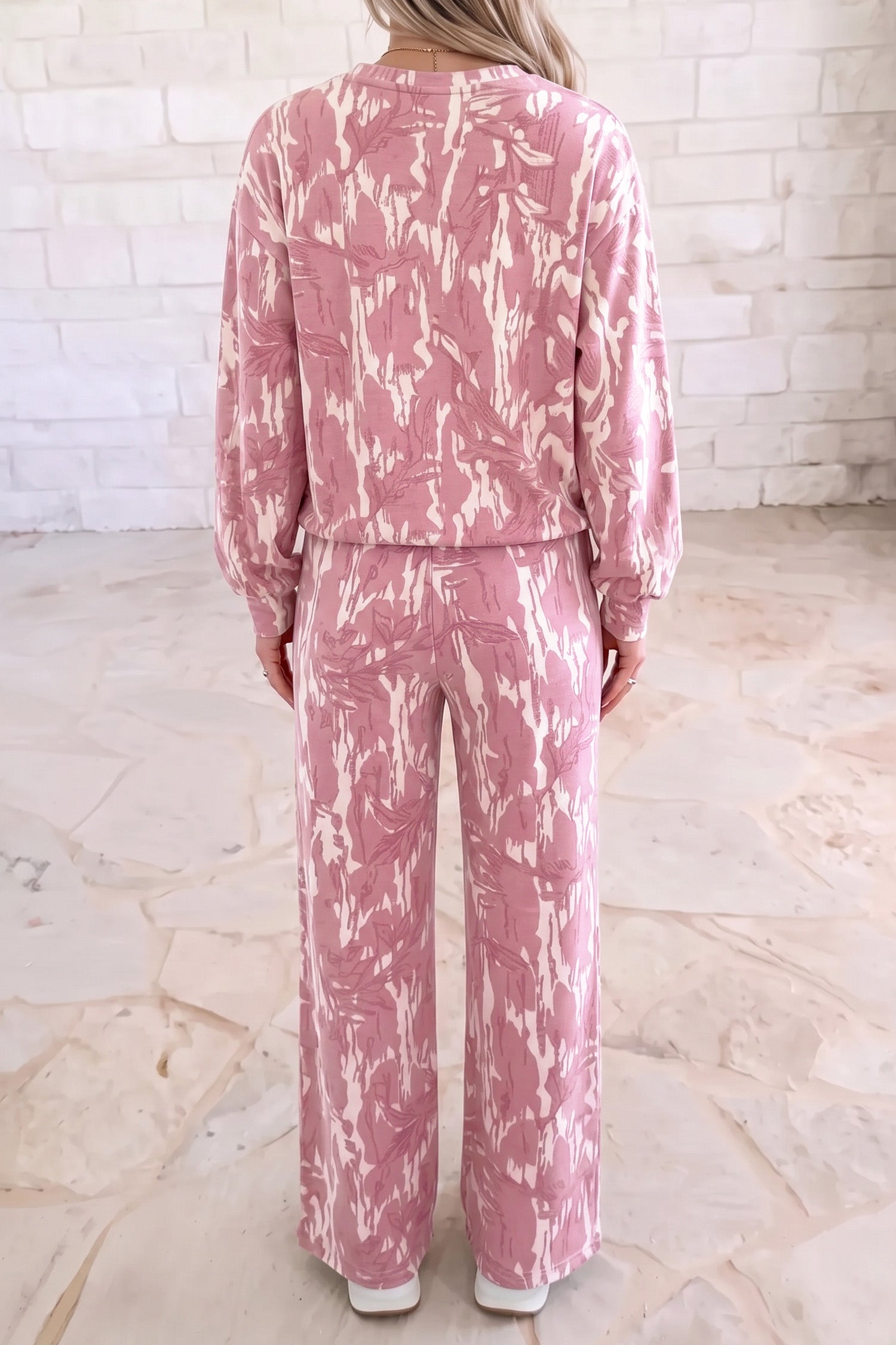 Pink Abstract Floral Print Loose Pullover Drawstring Pants 2pcs Set-Two Piece Sets/Pant Sets-[Adult]-[Female]-2022 Online Blue Zone Planet
