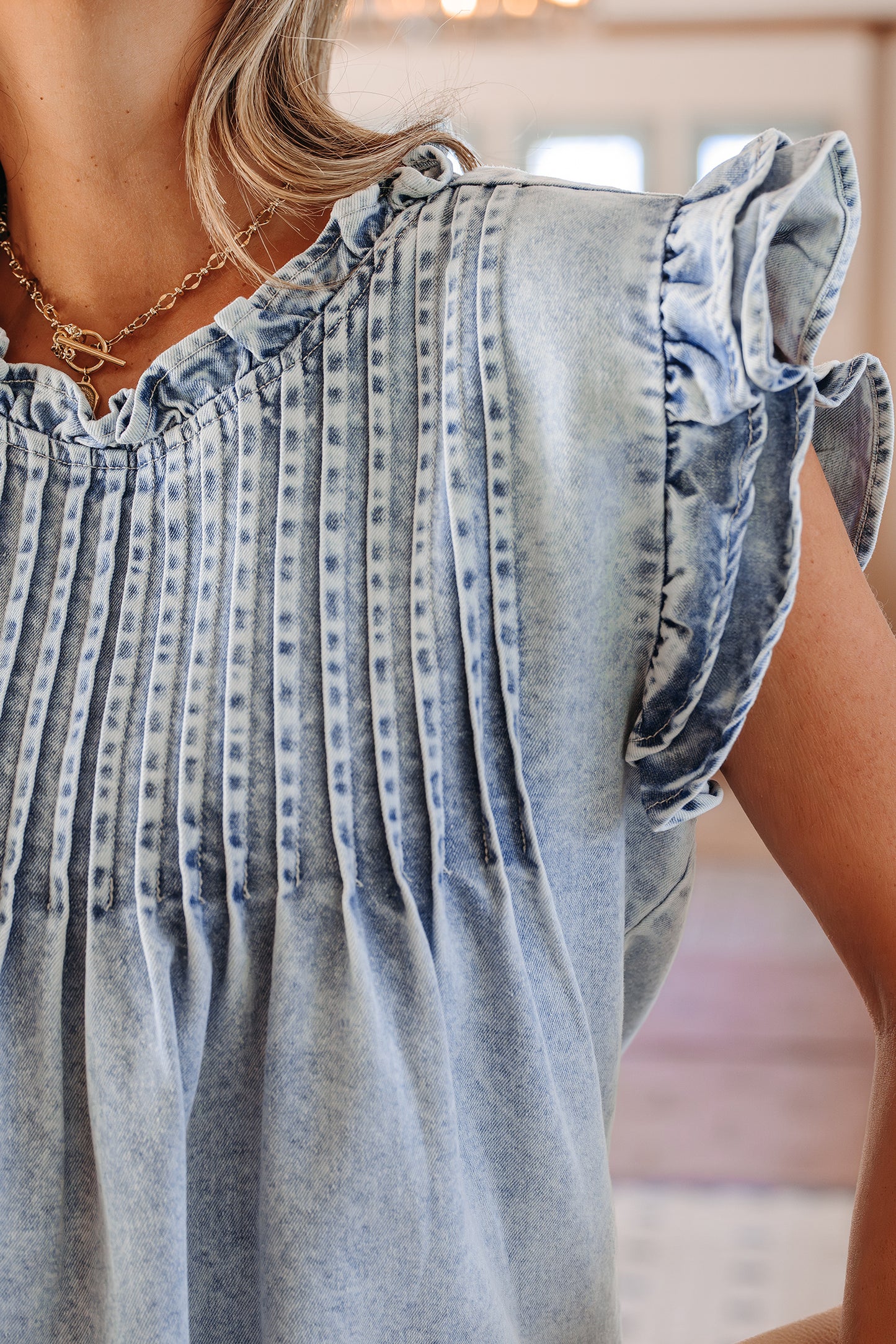 Beau Blue Ruffle Pleated Detail Vintage Washed Denim Top-Tops/Tops & Tees-[Adult]-[Female]-2022 Online Blue Zone Planet