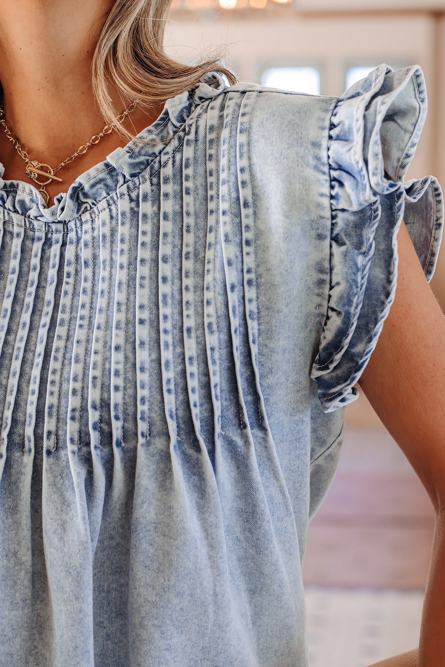 Beau Blue Ruffle Pleated Detail Vintage Washed Denim Top-Tops/Tops & Tees-[Adult]-[Female]-2022 Online Blue Zone Planet
