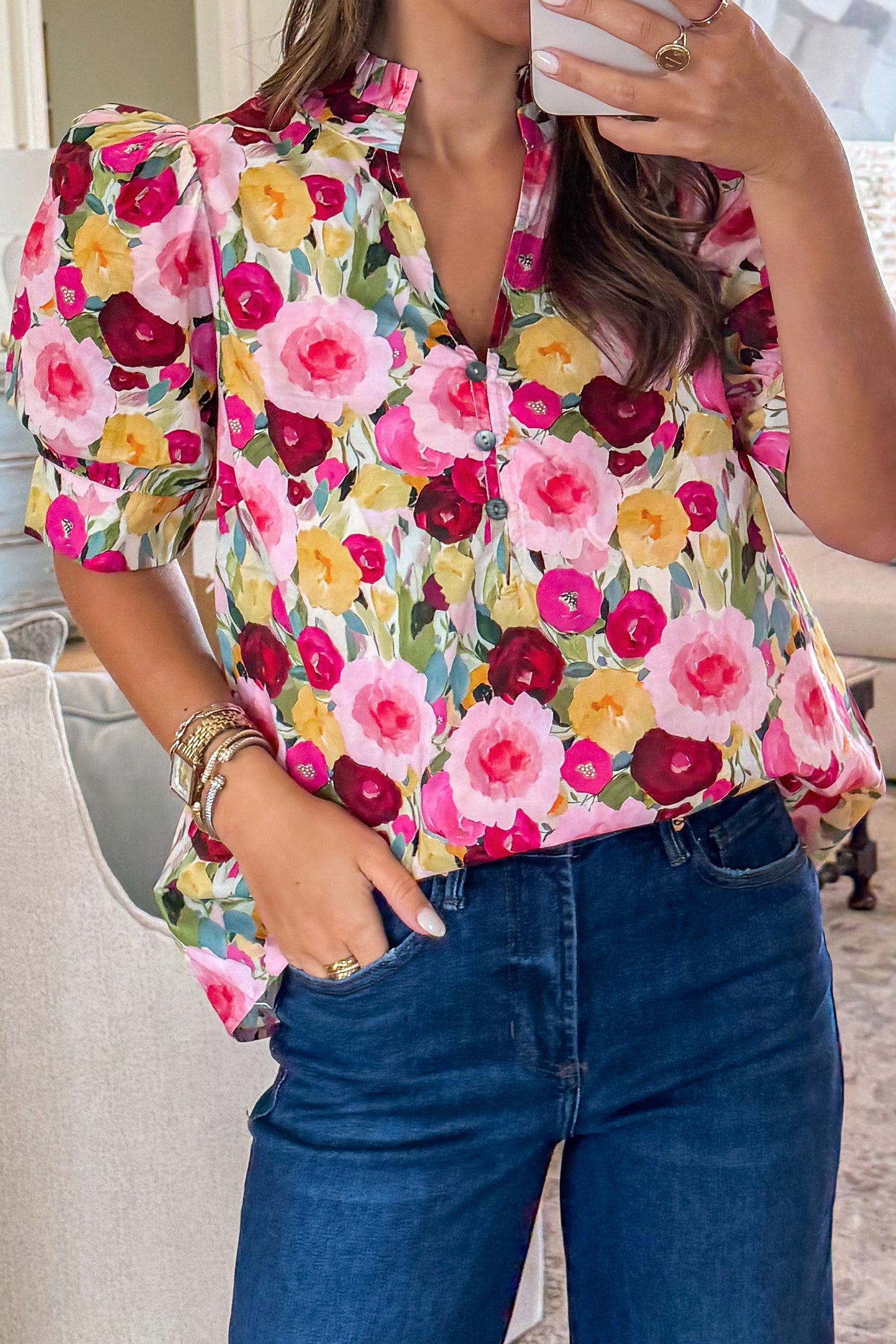 Pink Floral Frilled V Neck Puff Short Sleeve Blouse-Tops/Blouses & Shirts-[Adult]-[Female]-Pink-S-2022 Online Blue Zone Planet