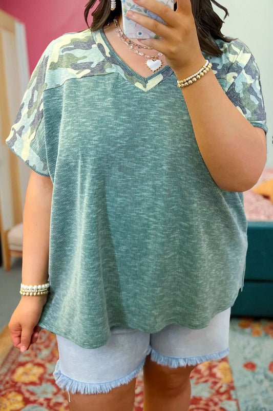 Mist Green Ribbed Camouflage Patchwork Plus Size V Neck Tee-Plus Size/Plus Size Tops/Plus Size Tops & Tees-[Adult]-[Female]-Mist Green-1X-2022 Online Blue Zone Planet