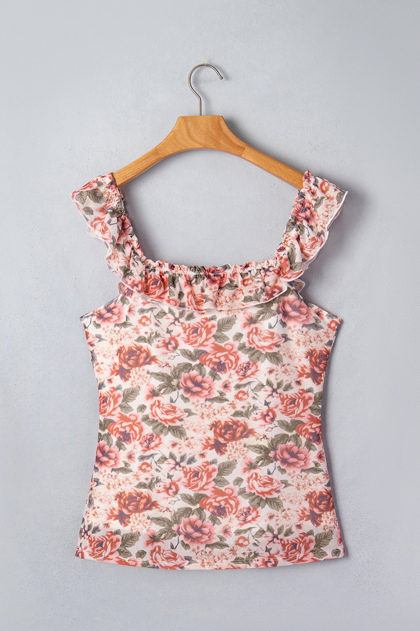 Multicolour Retro Floral Ruffle Trim Square Neck Tank Top-Tops/Tank Tops-[Adult]-[Female]-2022 Online Blue Zone Planet