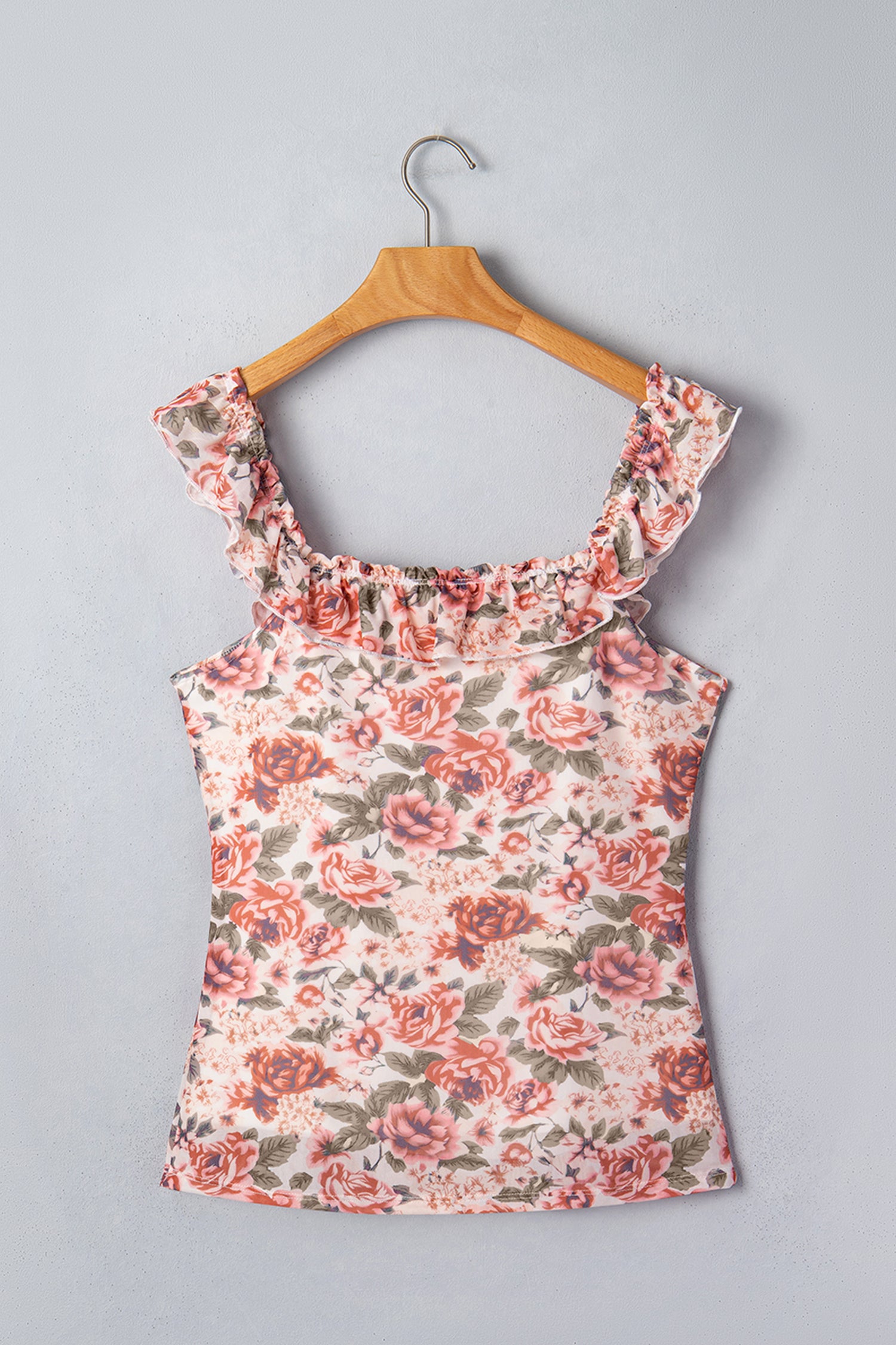 Multicolour Retro Floral Ruffle Trim Square Neck Tank Top-Tops/Tank Tops-[Adult]-[Female]-2022 Online Blue Zone Planet