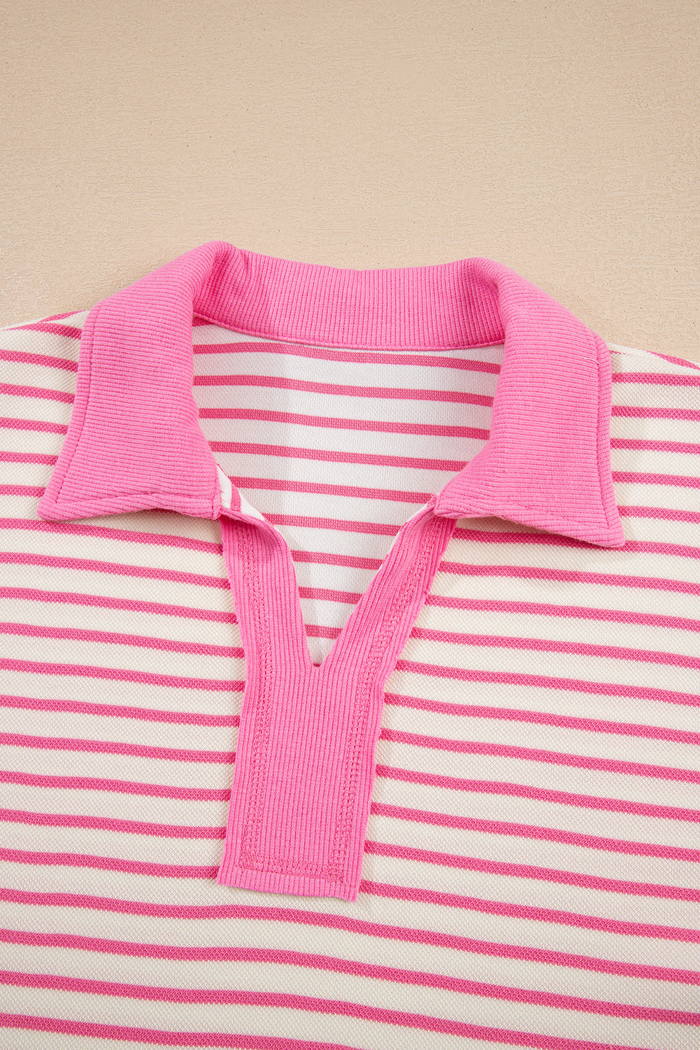 Pink Stripe Collared V Neck Drop Shoulder Pullover And Skort 2Pcs Outfit-Two Piece Sets/Two Piece Dresses-[Adult]-[Female]-2022 Online Blue Zone Planet