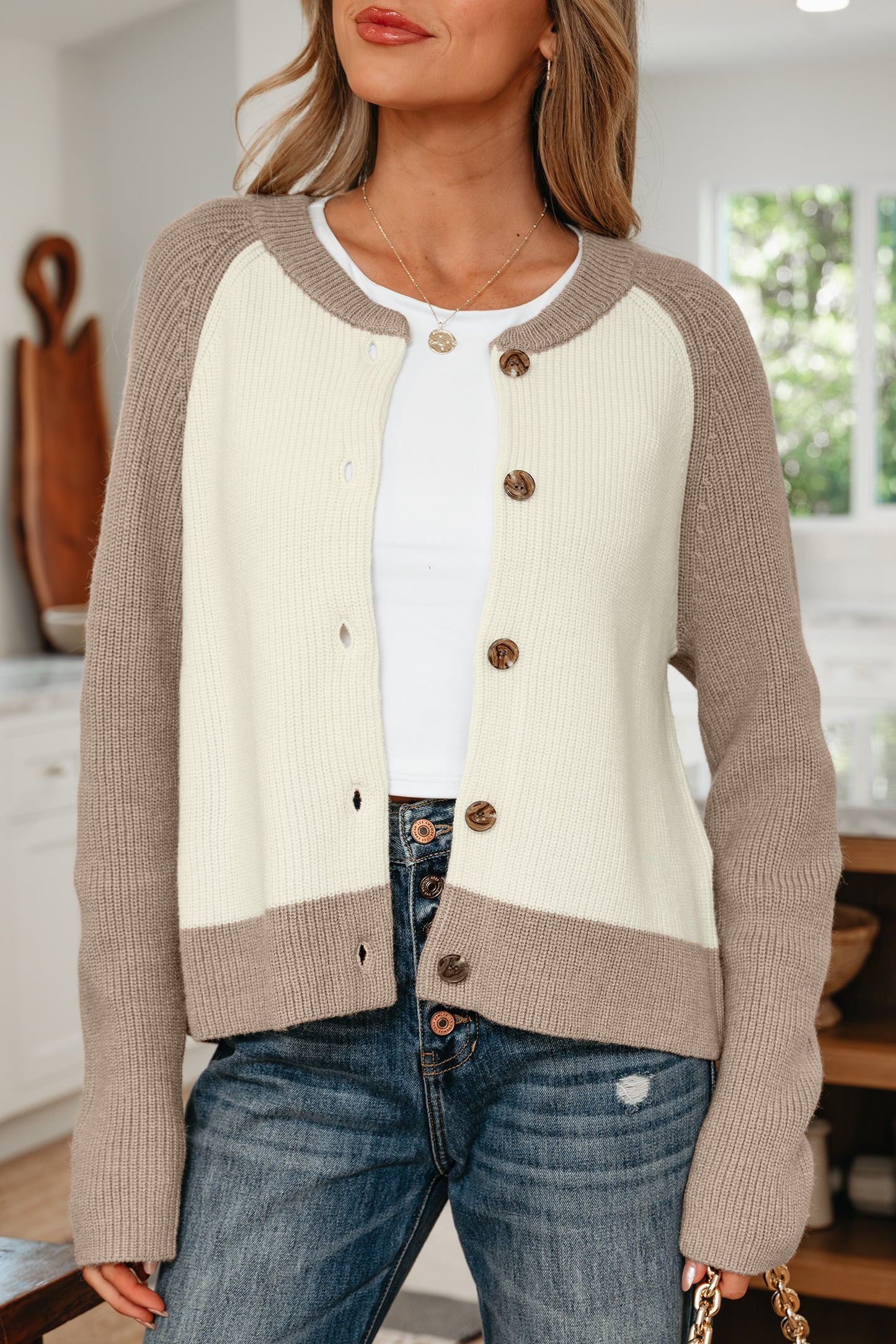 White Color Block Ribbed Knit Button Down Sweater Cardigan-Sweaters & Cardigans/Cardigans-[Adult]-[Female]-2022 Online Blue Zone Planet