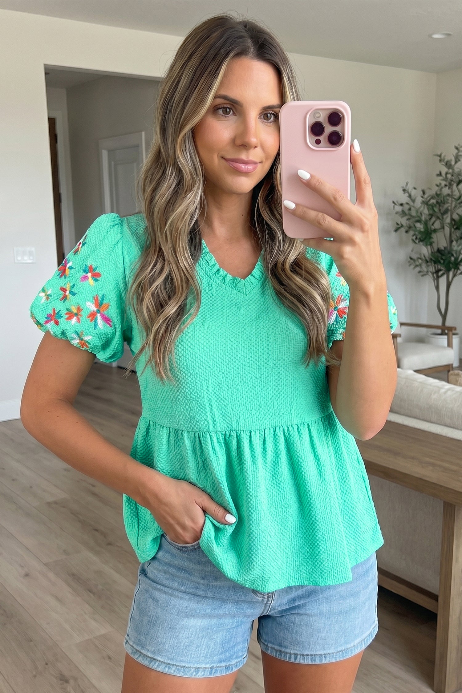 Mint Green Frilled V Neck Flower Embroidered Puff Sleeve Textured Blouse-Tops/Blouses & Shirts-[Adult]-[Female]-2022 Online Blue Zone Planet